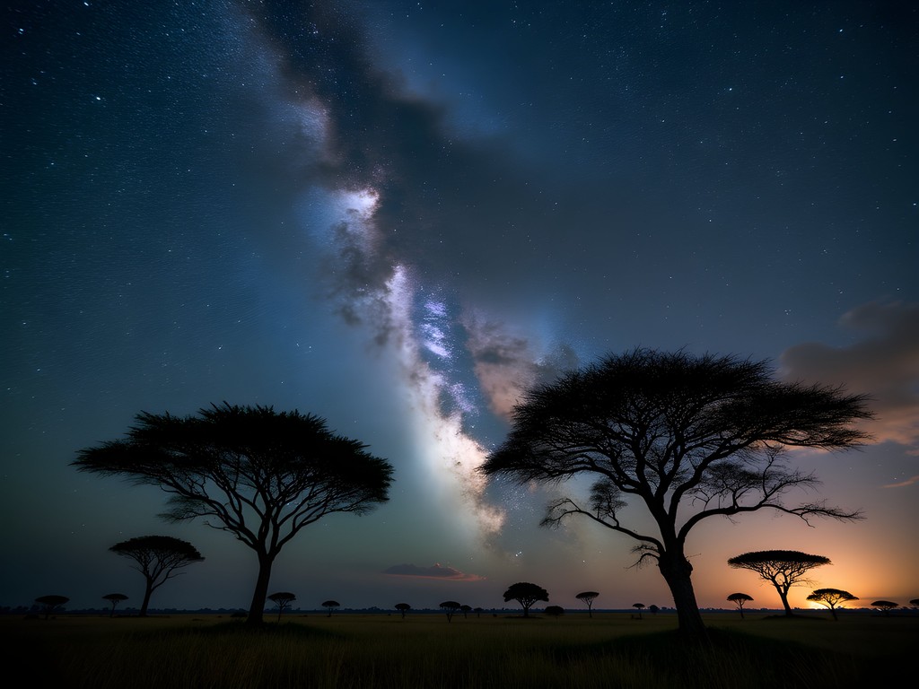 Milky Way galaxy visible over Serengeti plains with silhouetted acacia trees