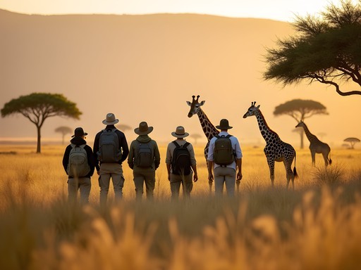 Small group on walking safari observing giraffe herd in Serengeti's Western Corridor