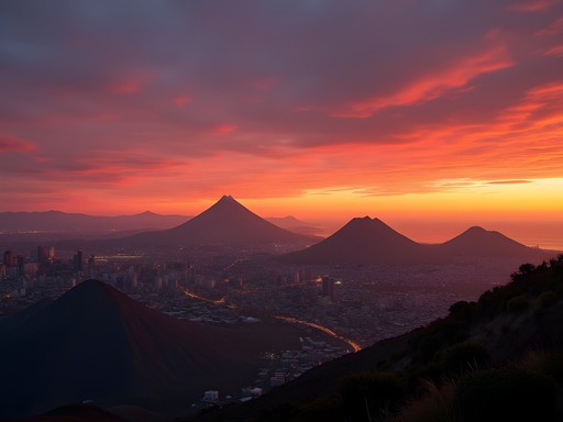 Sunset silhouette of Auckland's volcanic skyline showing multiple cones