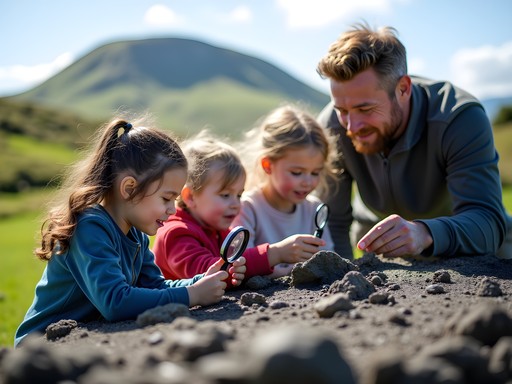 Family exploring volcanic features at One-Tree Hill in Auckland
