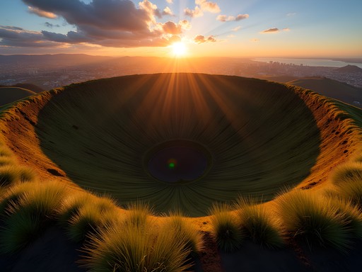 Sunrise view of Mount Eden's perfectly preserved volcanic crater in Auckland