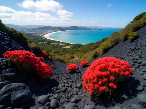 Dramatic black lava field landscape on Rangitoto Island with pohutukawa trees