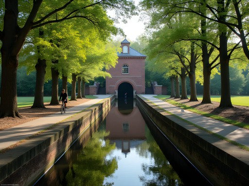 Cyclists on shaded Augusta Canal towpath with historic canal and mill buildings