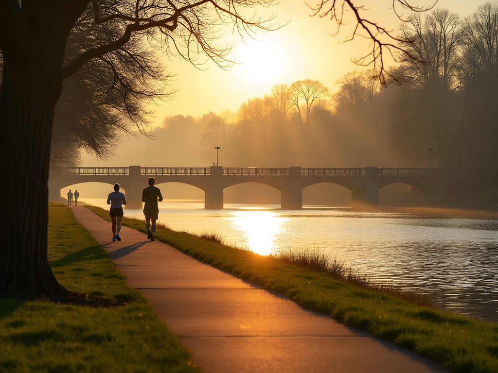 Early morning runner on Augusta Riverwalk with Savannah River and historic bridge in background