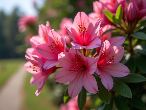 Vibrant pink azaleas blooming along outdoor trail in Augusta during spring