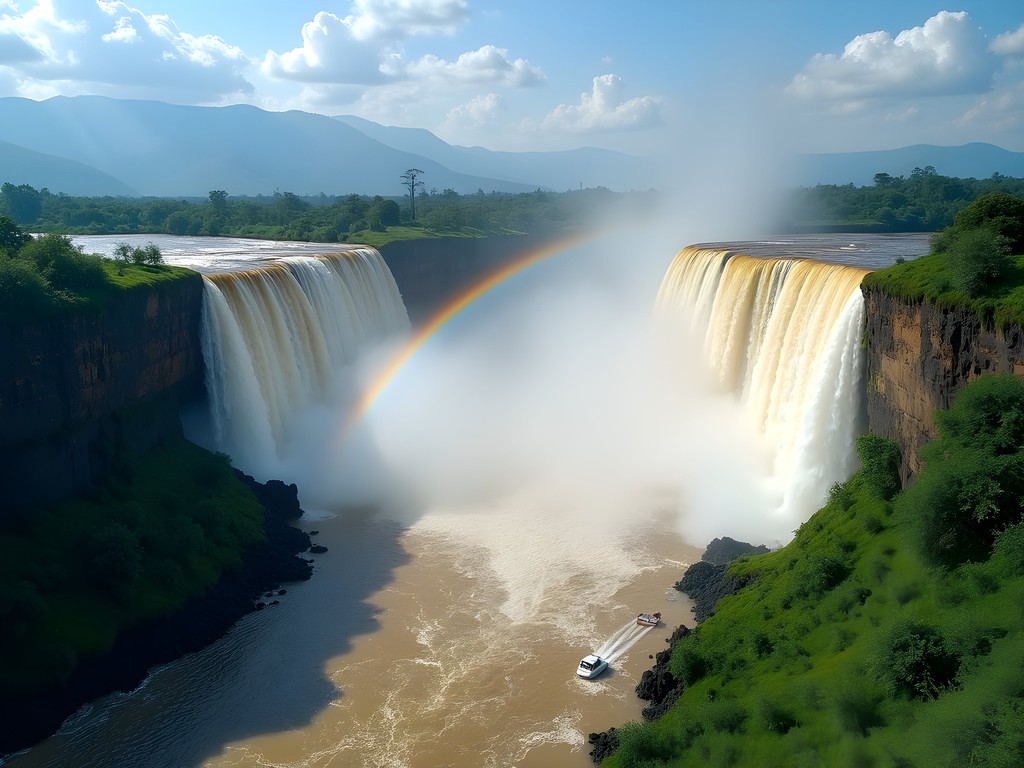 Blue Nile Falls with rainbow forming in the mist, lush green surroundings