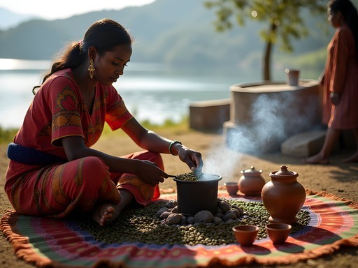 Traditional Ethiopian coffee ceremony with jebena clay pots and fresh beans being roasted