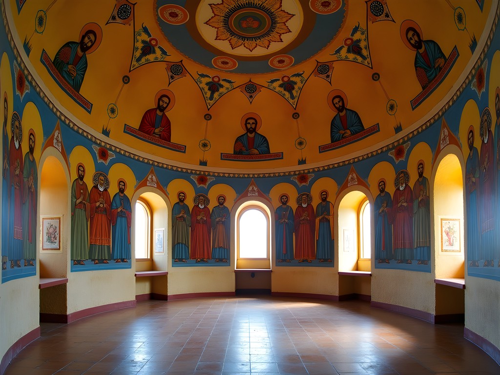 Colorful medieval murals covering the interior walls of Ura Kidane Mihret monastery on Lake Tana