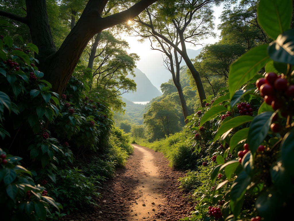 Hiking trail through lush coffee forests on Zege Peninsula with dappled sunlight