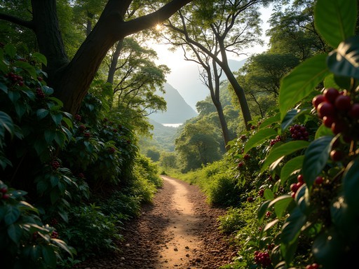 Hiking trail through lush coffee forests on Zege Peninsula with dappled sunlight