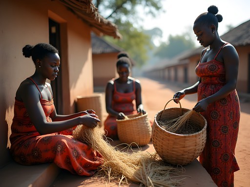 Local Cameroon artisans demonstrating traditional basket weaving techniques in a Sabga Hills village