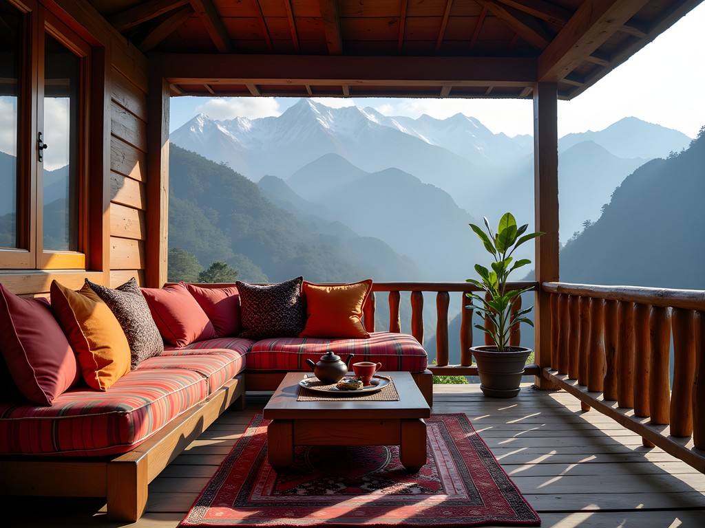Traditional Nepali guesthouse terrace with mountain views and traveler enjoying morning tea in Bandipur