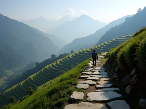 Solo female hiker on stone trail with Himalayan mountain range in background near Bandipur Nepal
