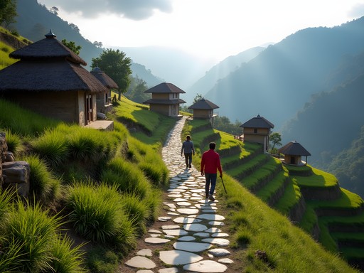 Hiking trail through traditional Nepali village with terraced agricultural fields and mountain backdrop