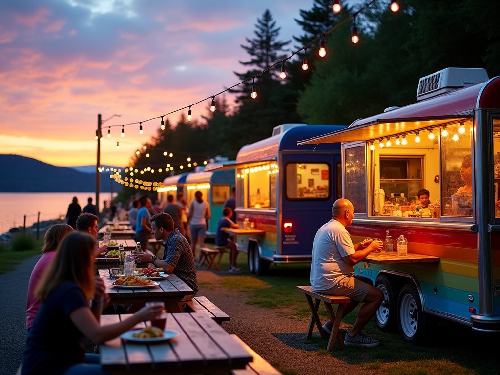 Families enjoying diverse food truck offerings at sunset in Bar Harbor, Maine