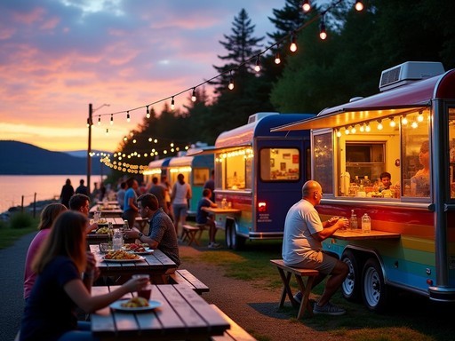 Families enjoying diverse food truck offerings at sunset in Bar Harbor, Maine
