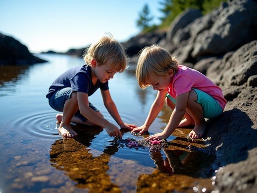 Children exploring colorful tide pools at Ship Harbor in Bar Harbor, Maine
