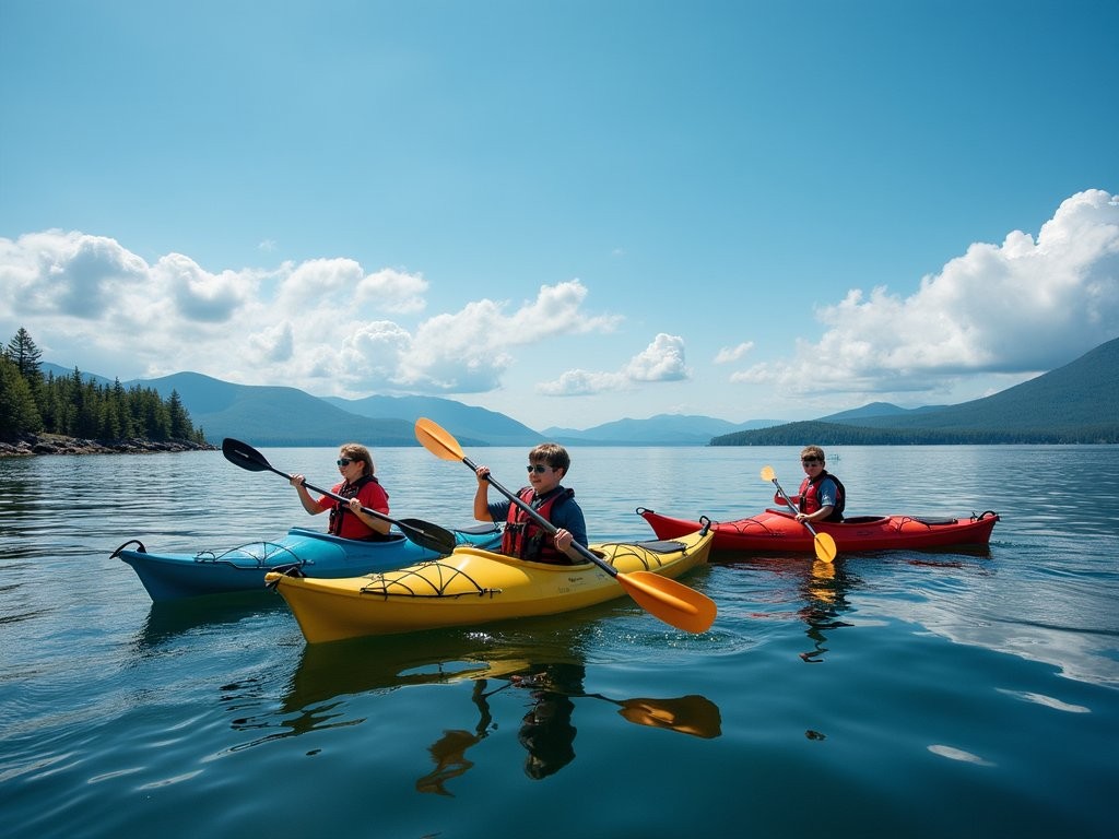 Family sea kayaking in Frenchman Bay with distant views of Acadia mountains