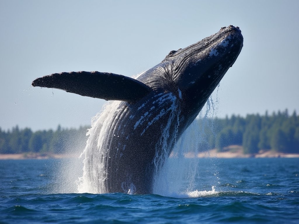 Spectacular humpback whale breach during Bar Harbor whale watching tour