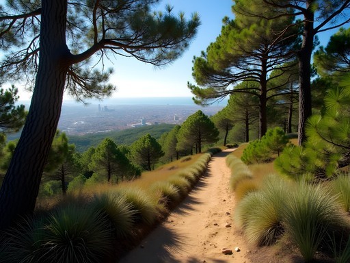Hiking trail through Collserola Natural Park with Barcelona cityscape visible in distance
