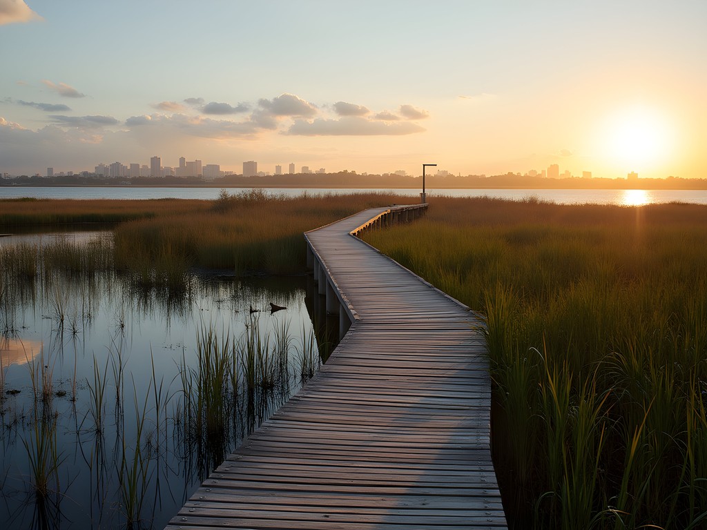 Wooden boardwalk through Delta del Llobregat wetlands with birds and reeds