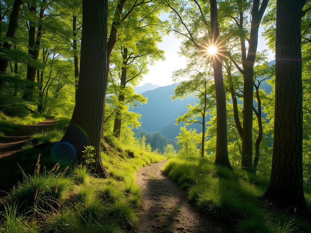 Hiking trail through beech forest in Montseny Natural Park with mountains in background