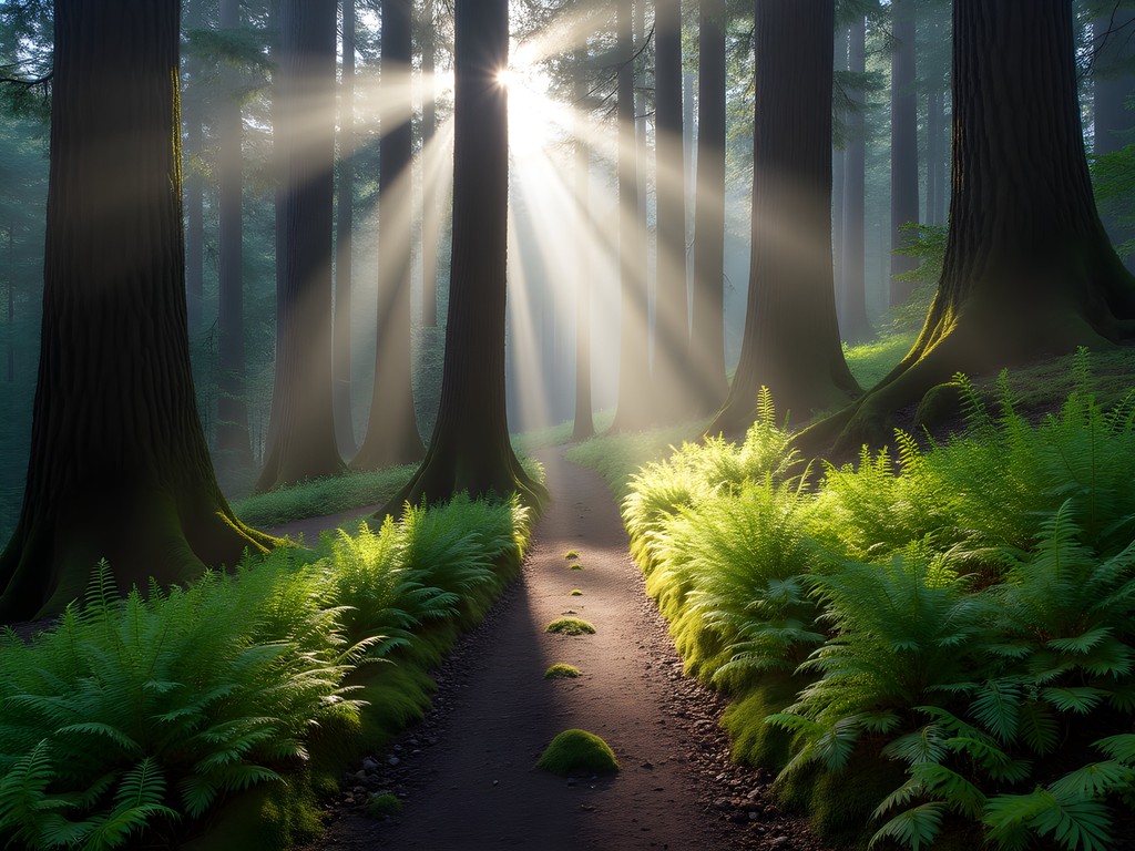 Sunlight filtering through tall Douglas firs on a forest trail at Jenkins Estate