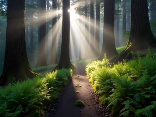 Sunlight filtering through tall Douglas firs on a forest trail at Jenkins Estate