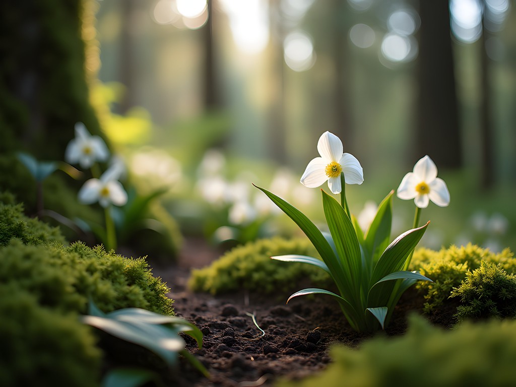 White trillium flowers blooming along forest floor in Lowami Hart Woods