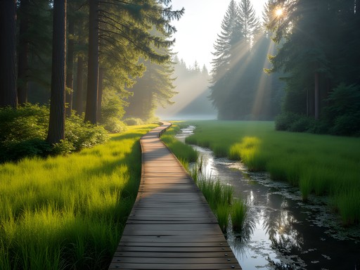 Wooden boardwalk winding through lush spring wetlands at Tualatin Hills Nature Park