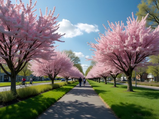 Cherry blossoms blooming along Beaverton's Westside Trail in spring with families walking