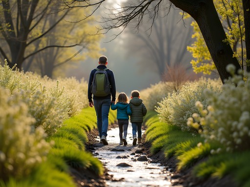 Family walking along hidden Willow Creek Greenway trail in spring with flowering bushes