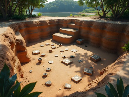 Archaeological excavation site on Marajó Island showing ancient Marajoara artifacts