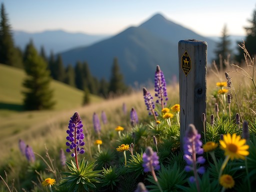 Delicate alpine wildflower meadow with educational trail marker about conservation