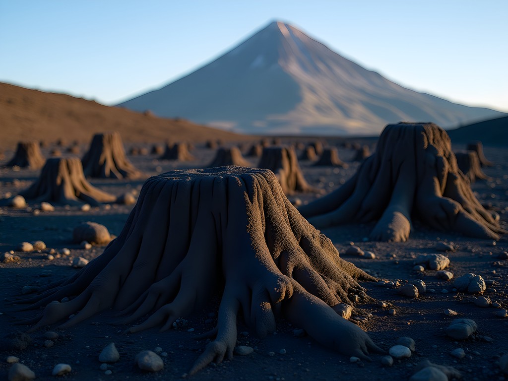Ancient tree molds in Lava Cast Forest with Newberry Caldera in background