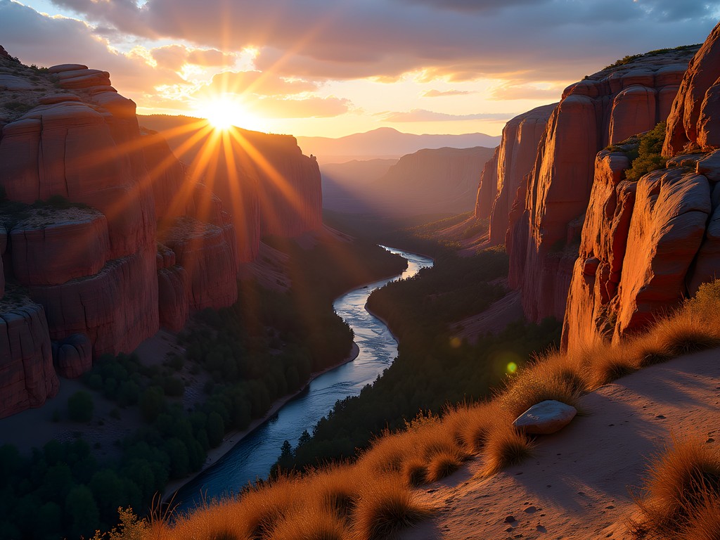 Sunset view from Misery Ridge Trail with Smith Rock spires and Crooked River below