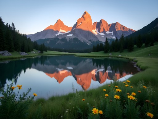 Three Sisters mountains reflecting in Green Lakes with alpine wildflowers in foreground