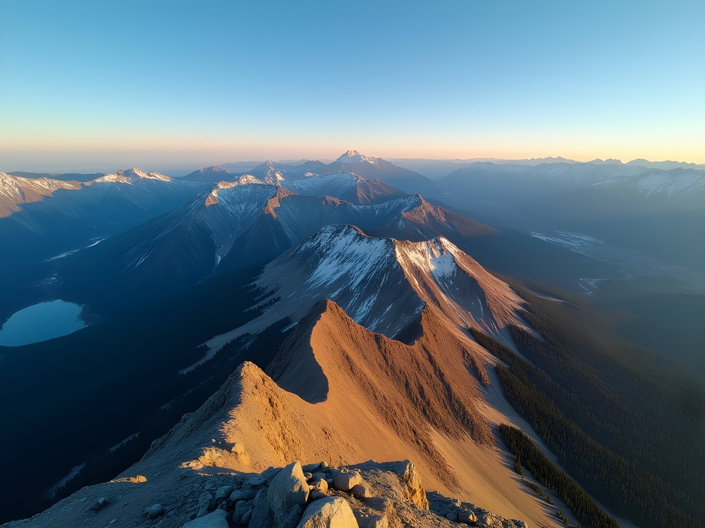 Man standing at South Sister summit with panoramic Cascade Range view