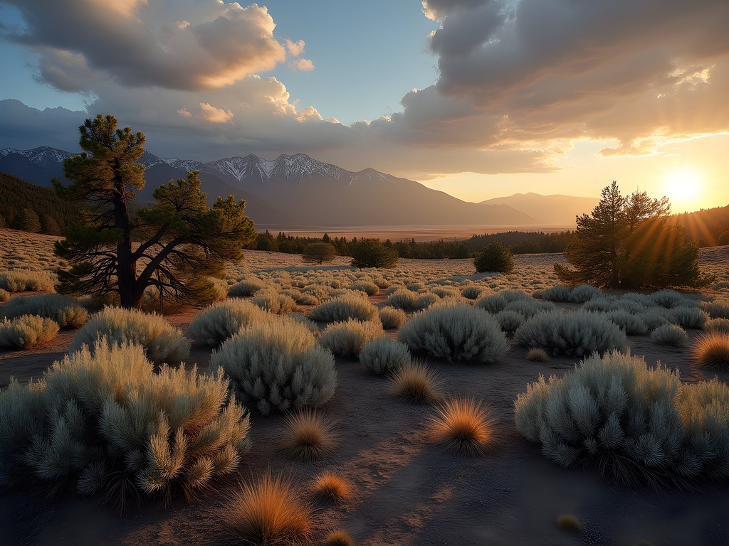 Juniper trees and sagebrush in Bend's high desert landscape at sunset