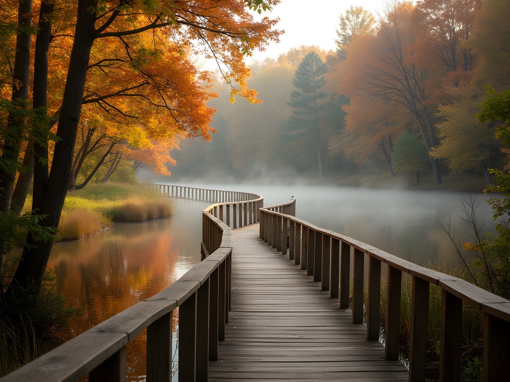 Wooden boardwalk winding through colorful autumn wetlands at Beanblossom Bottoms Nature Preserve