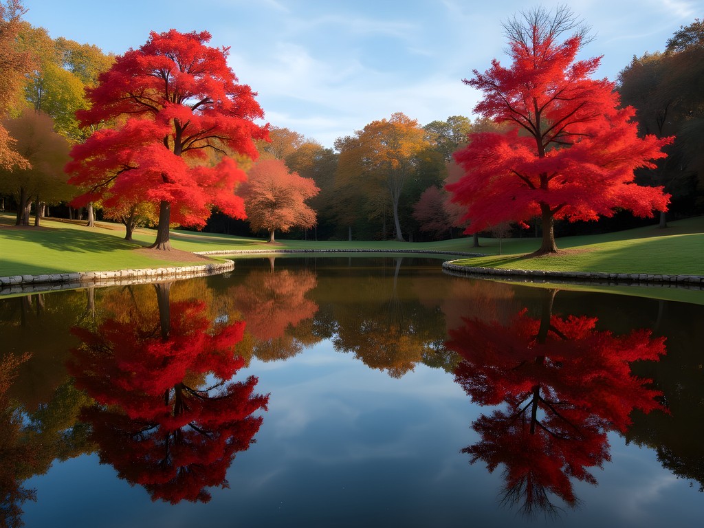Japanese maples with brilliant red autumn foliage reflected in small pond at Bryan Park near Indiana University