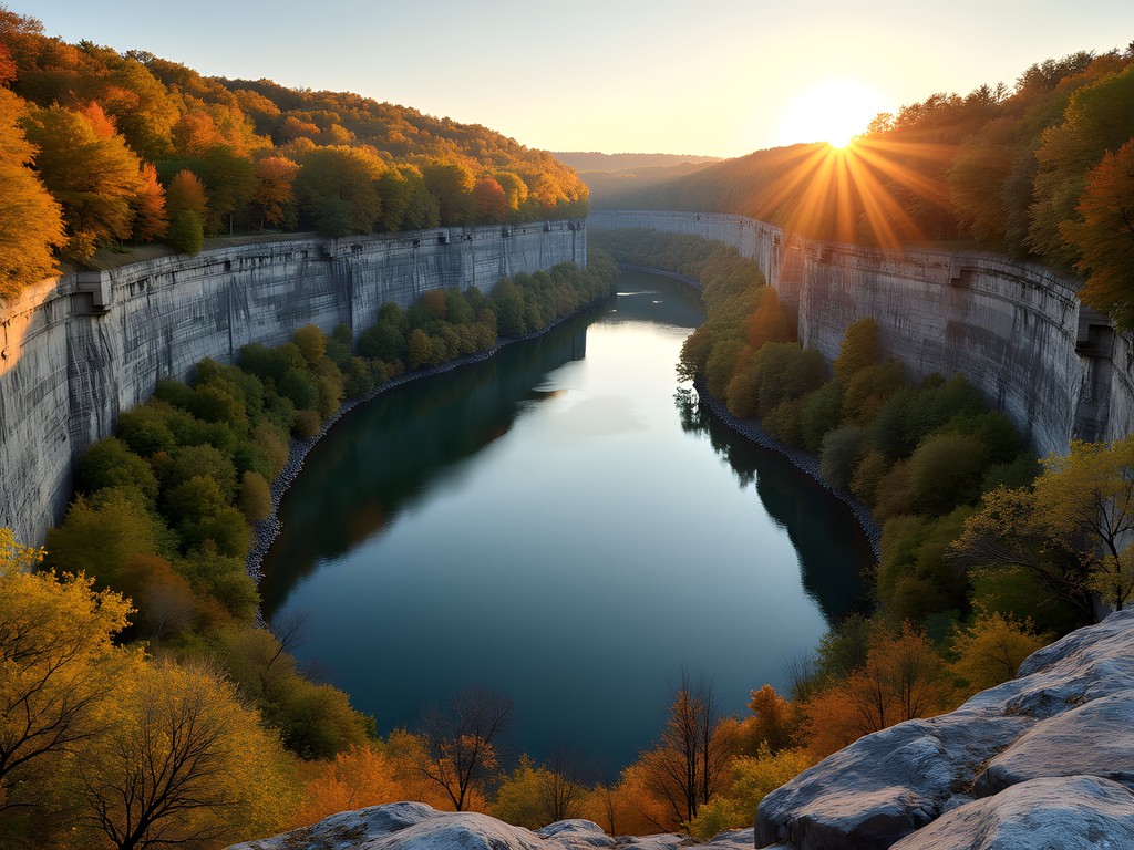 Dramatic horseshoe bend in Clear Creek viewed from Cedar Bluffs with autumn foliage