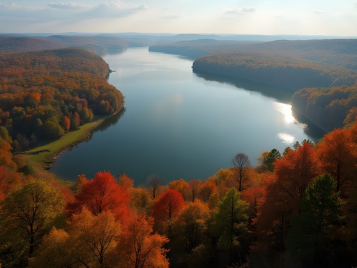 View of Lake Monroe from Peninsula Trail in Hoosier National Forest with vibrant fall colors