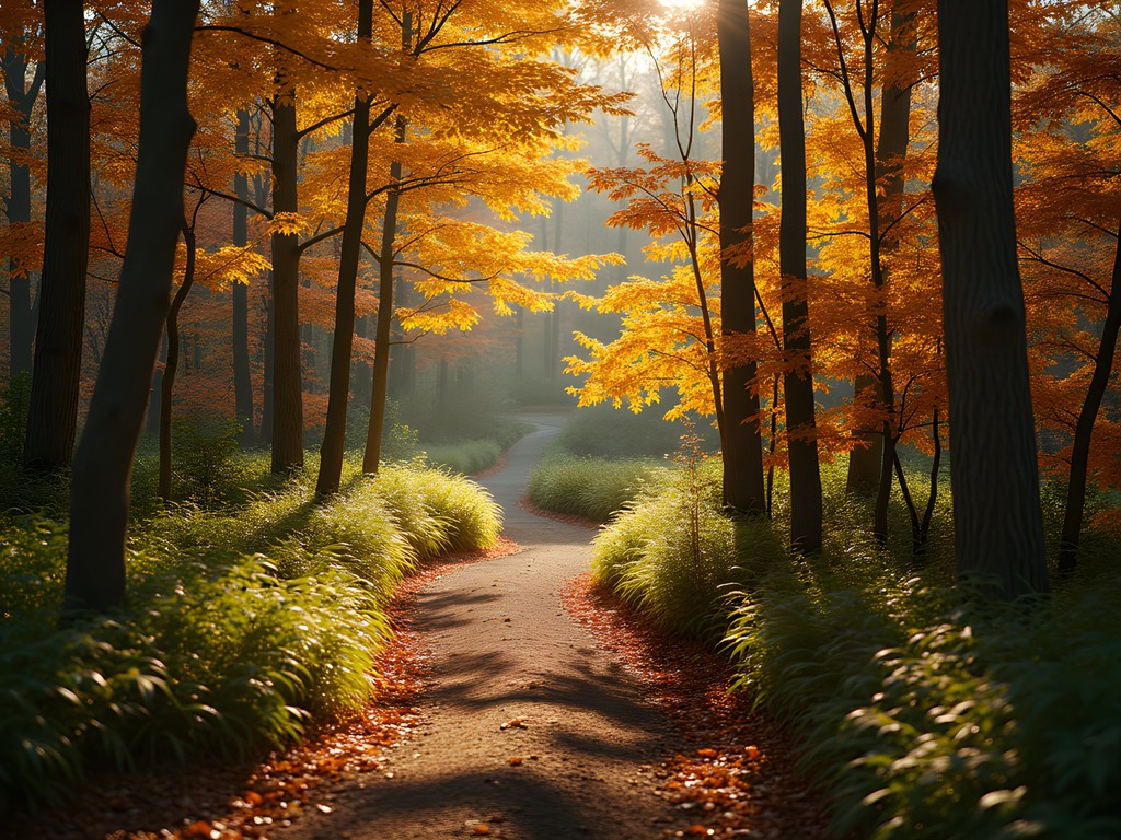 Sunlight filtering through autumn trees on Wapehani trail near Indiana University campus