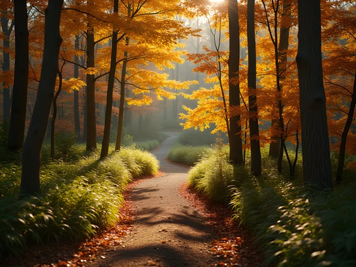 Sunlight filtering through autumn trees on Wapehani trail near Indiana University campus