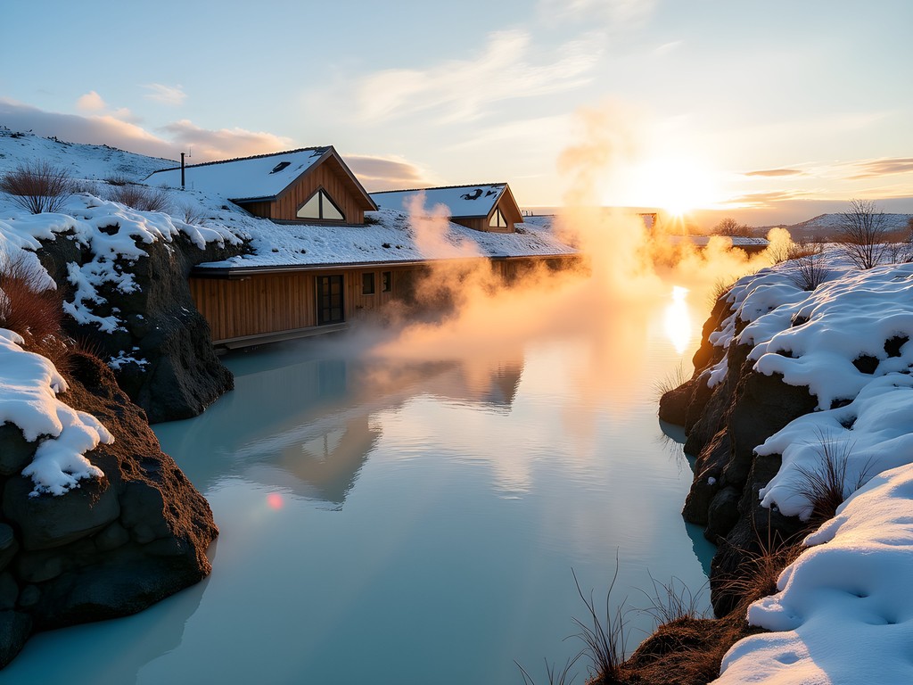 Steam rising from MĂœvatn Nature Baths at sunrise with snow-covered volcanic landscape