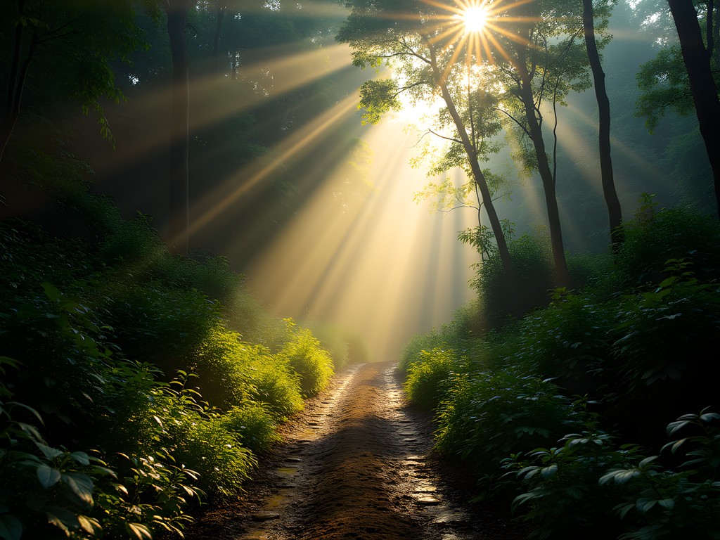 Sunlight filtering through dense canopy on a trail in Gola Rainforest National Park near Bo, Sierra Leone