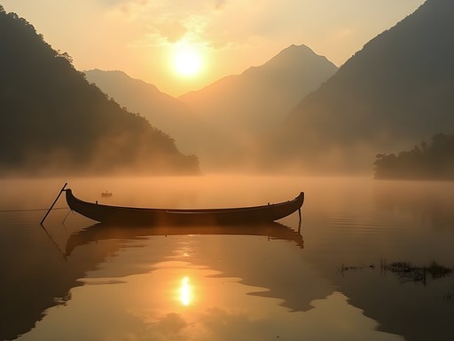 Misty sunrise over Lake Sonfon in Sierra Leone's northern highlands with traditional fishing canoes