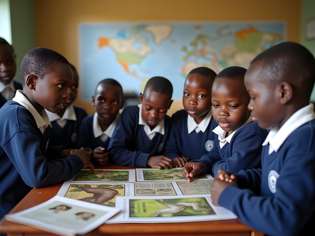 Conservation education session with local children at Tacugama Outreach Center near Bo, Sierra Leone