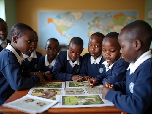 Conservation education session with local children at Tacugama Outreach Center near Bo, Sierra Leone